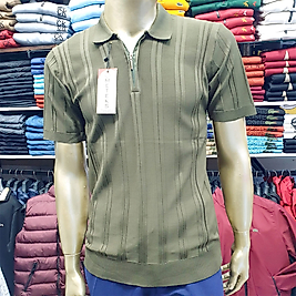 Üstten Çizgili Polo Yaka Erkek Triko Tişört HAKİ-M