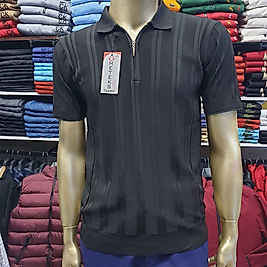 Üstten Çizgili Polo Yaka Erkek Triko Tişört SİYAH-L